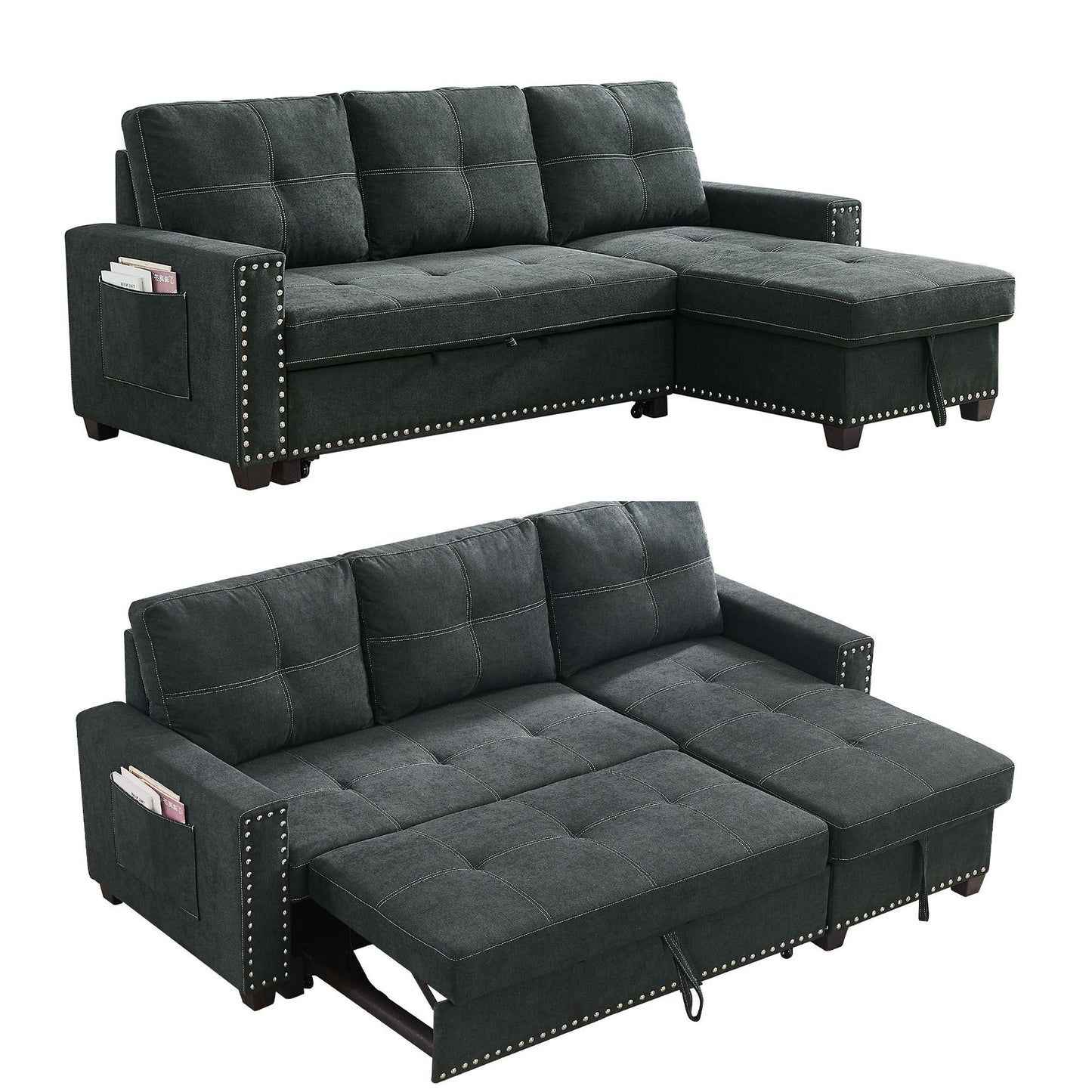 Sleeper Sofa Sectional with Reversible Storage Chaise and Side Storage Bag, Black Fabric, Modern Design