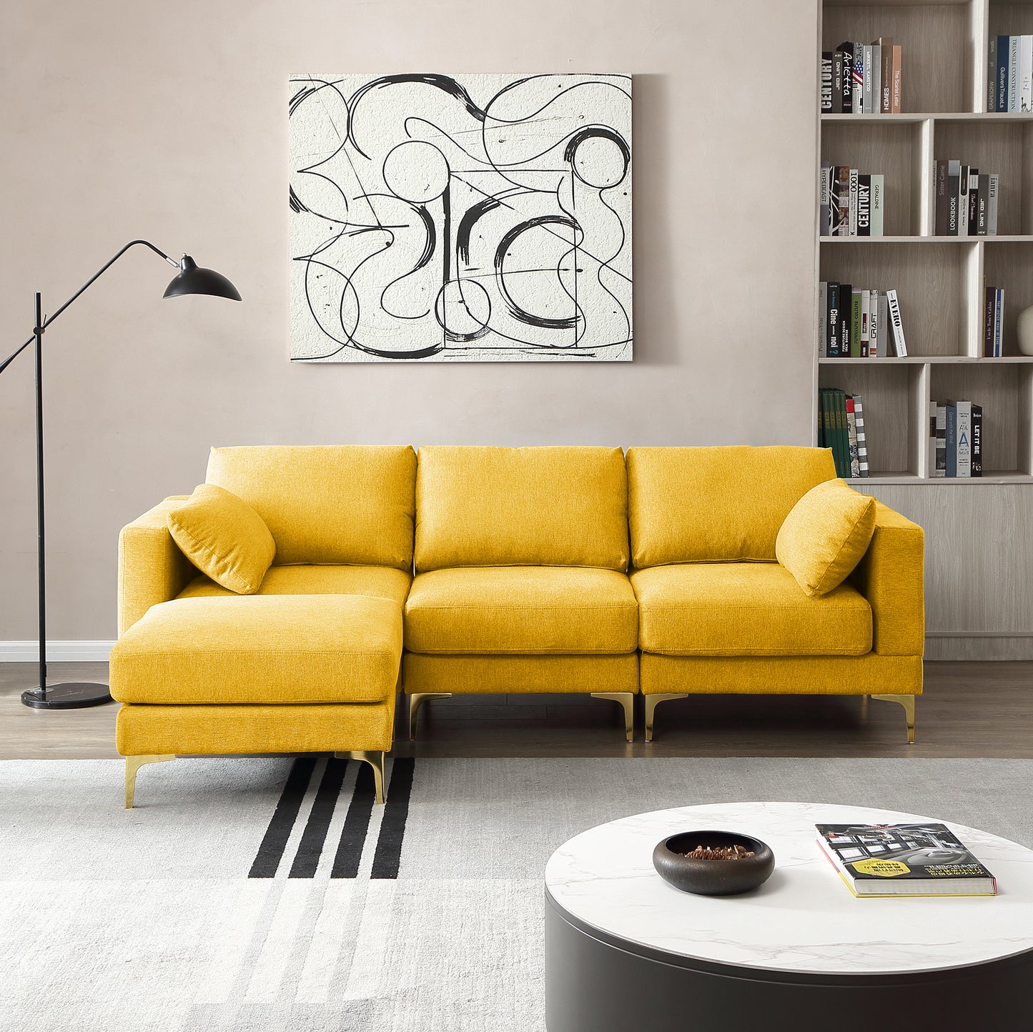 ADF Living Room Furniture Modern Leisure L Shape Couch Yellow Fabric