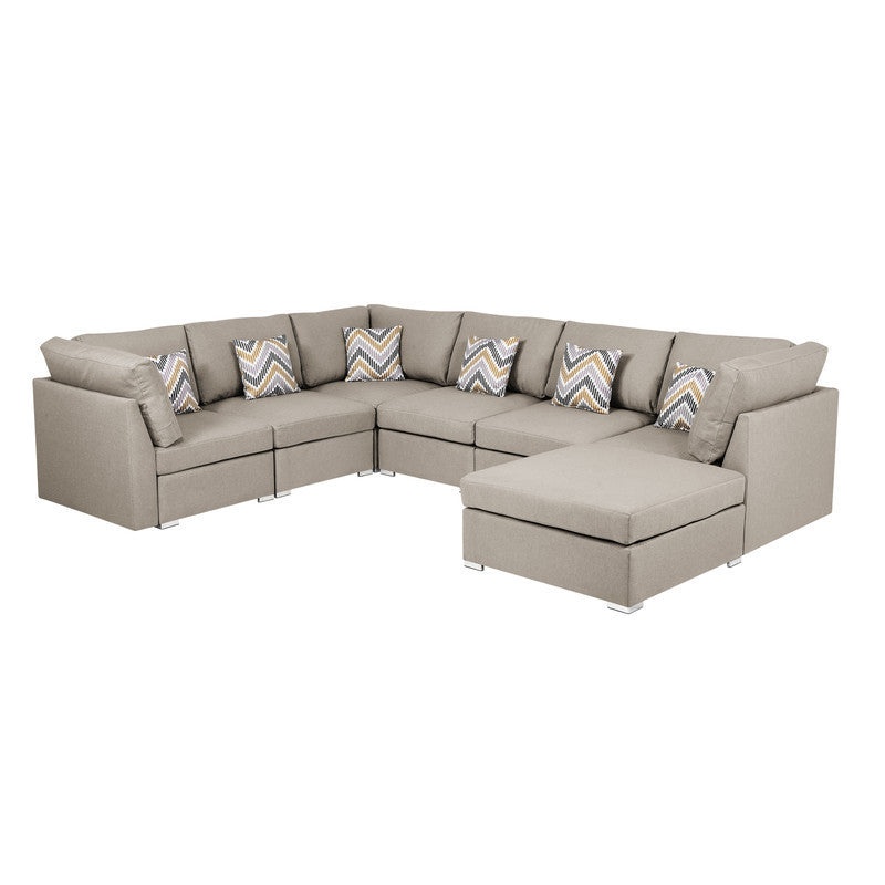 Amira Beige Fabric Modular Sectional Sofa Set with Ottoman and Accent Pillows