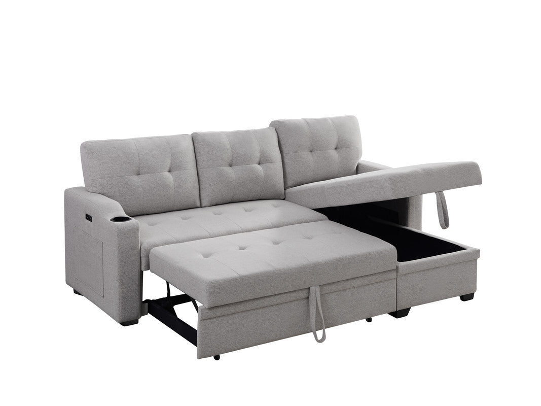 Mabel Light Grey Linen Fabric Sleeper Sectional with Cupholder, USB Charging Port, and Pocket for Modern Comfort.