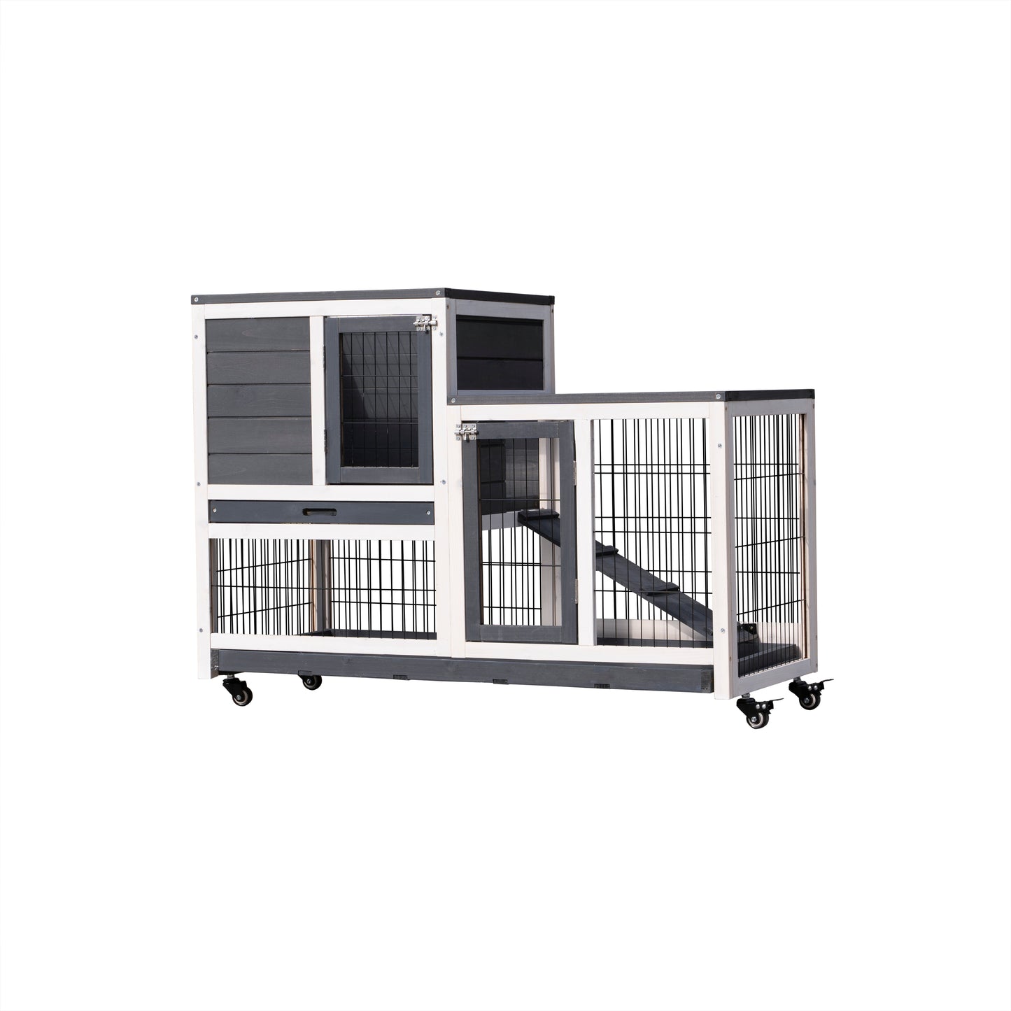 Removable Tray Ramp wooden outdoor rabbit hutch small animal coop with running cage with Enclosed Run with Wheels, Ramp, Removable Tray Ideal