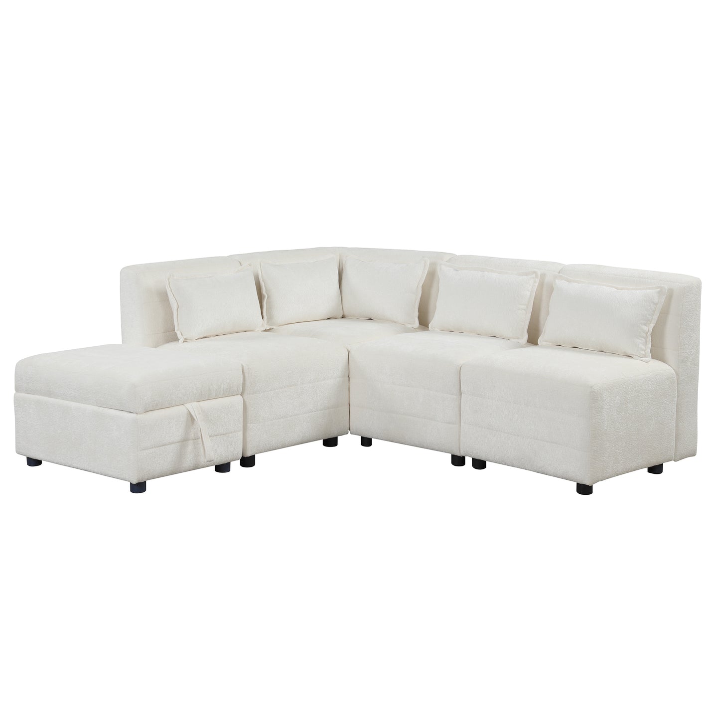 Cream 5-Seater Modular Sectional Sofa with Storage Ottoman and 5 Pillows