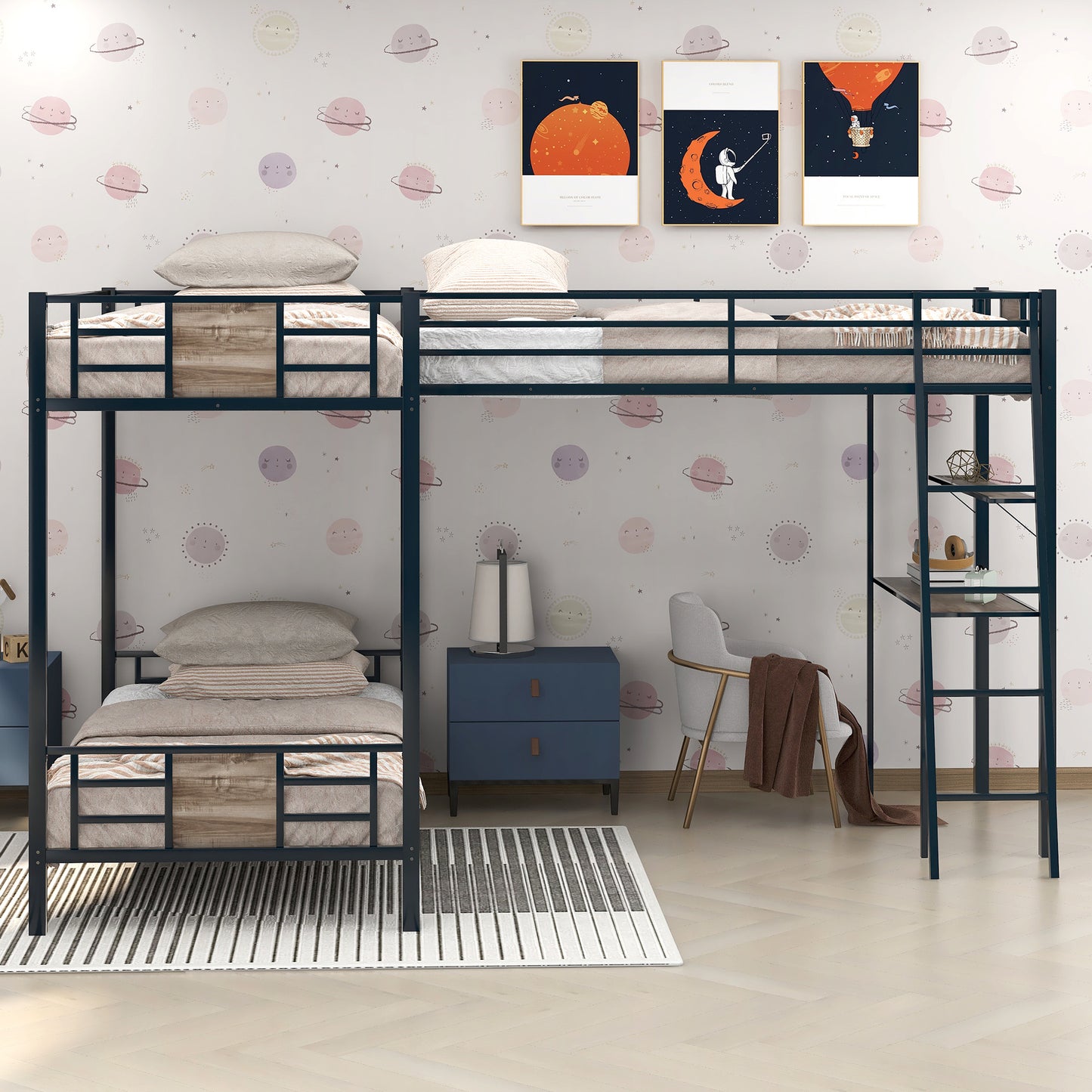 L-Shaped Bunk Bed and Loft Bed Set with Desk and Shelves in Brown