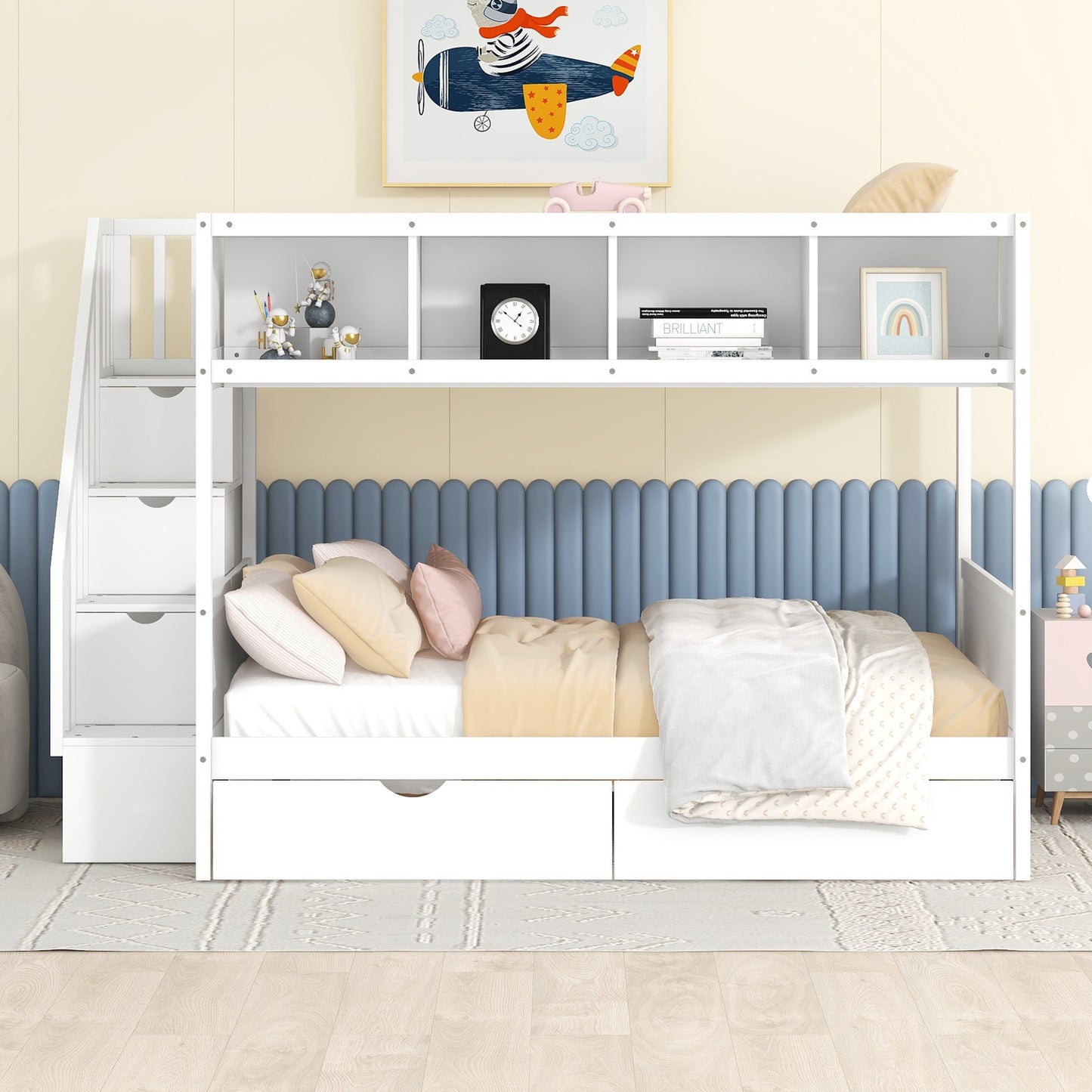 Versatile White Bunk Bed with Shelves, Storage Staircase, and Drawers