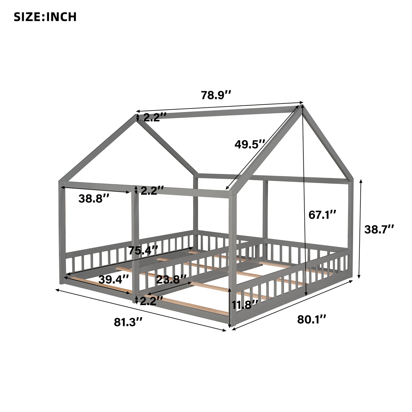 Twin Size House Platform Beds,Two Shared Beds, Gray