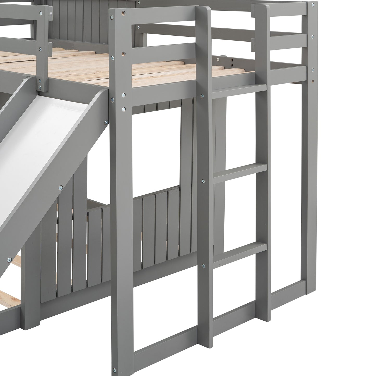 Playhouse Twin Over Full Bunk Bed with Ladder, Slide & Guardrails - Gray Wood, LT000028AAN