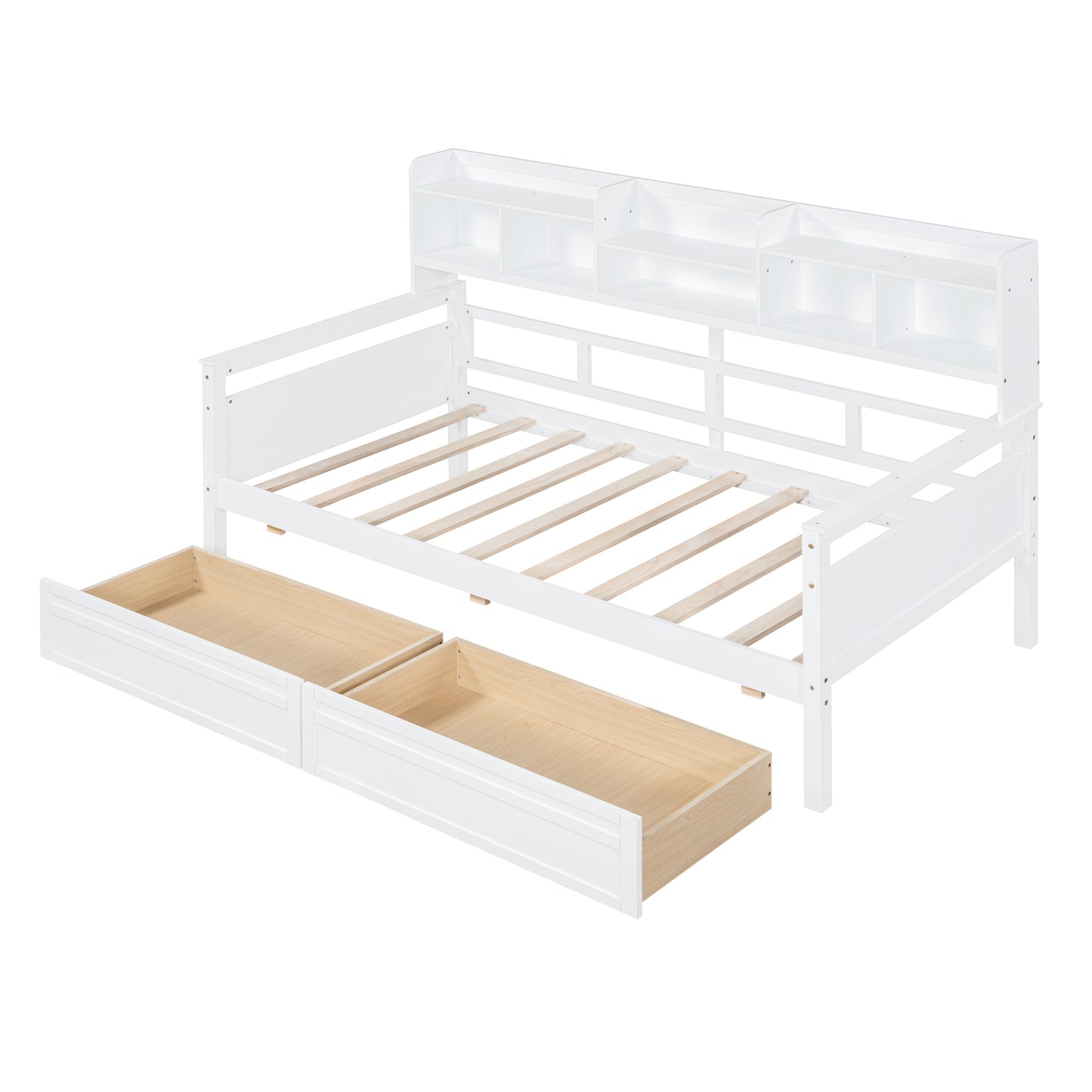 Twin size Daybed, Wood Slat Support, with Bedside Shelves and Two Drawers, White