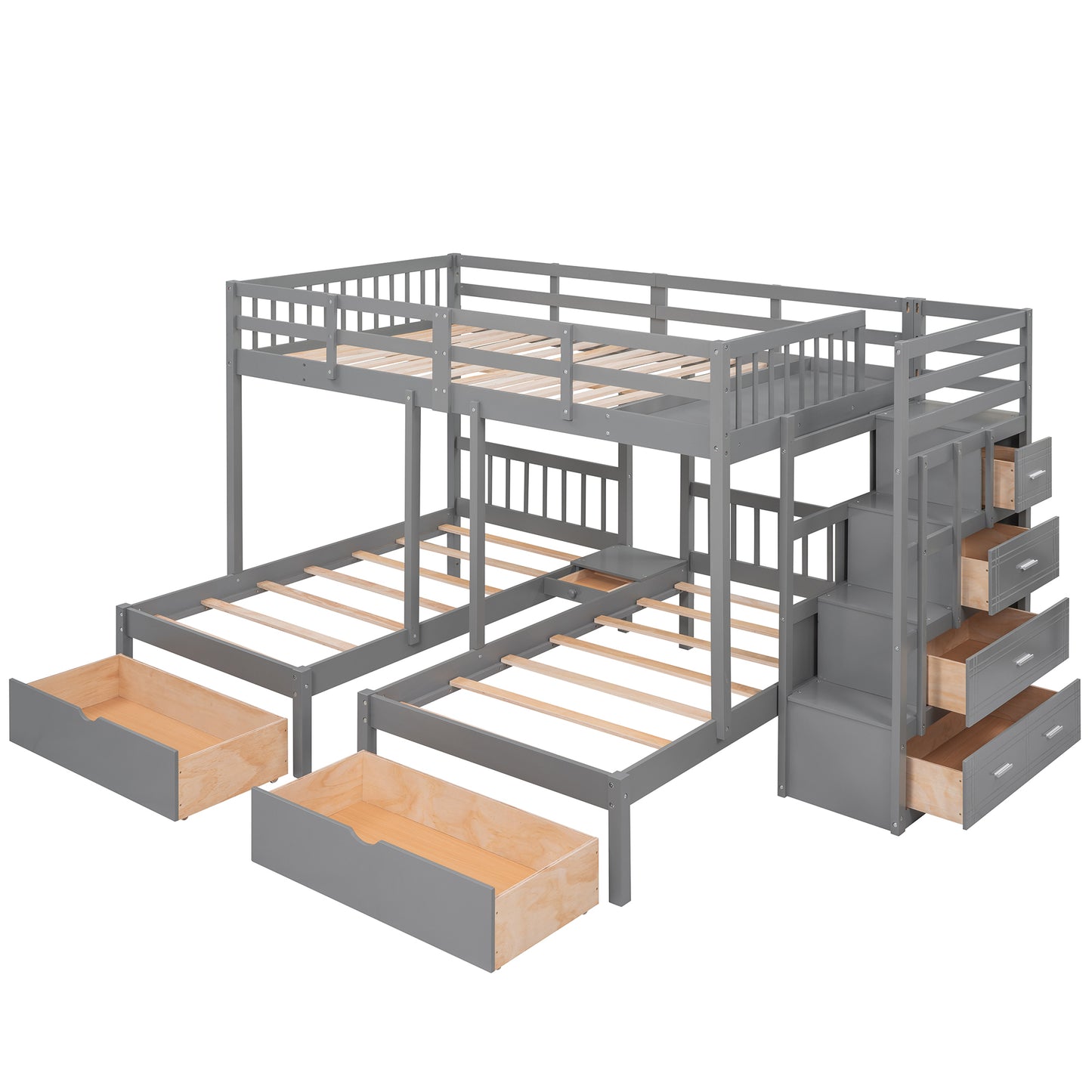 Triple Bunk Bed with Storage Drawers - Space-Saving Gray Design