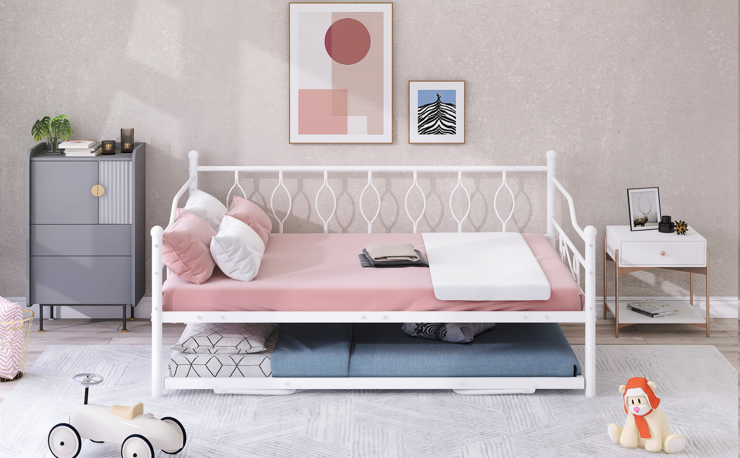 Full Size Metal Daybed with Twin Size Adjustable Trundle, Portable Folding Trundle, White(OLC SKU:MF293730AAK)