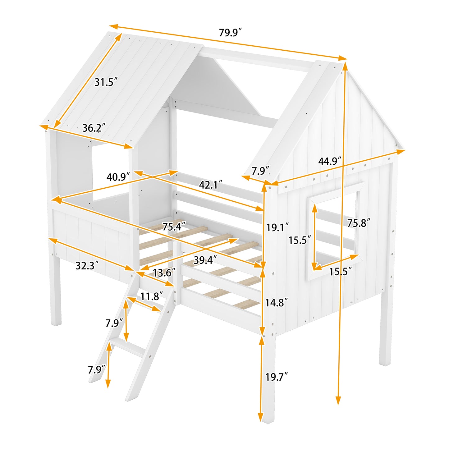 Twin Size Low Loft Wood House Bed with Two Side Windows  (White)