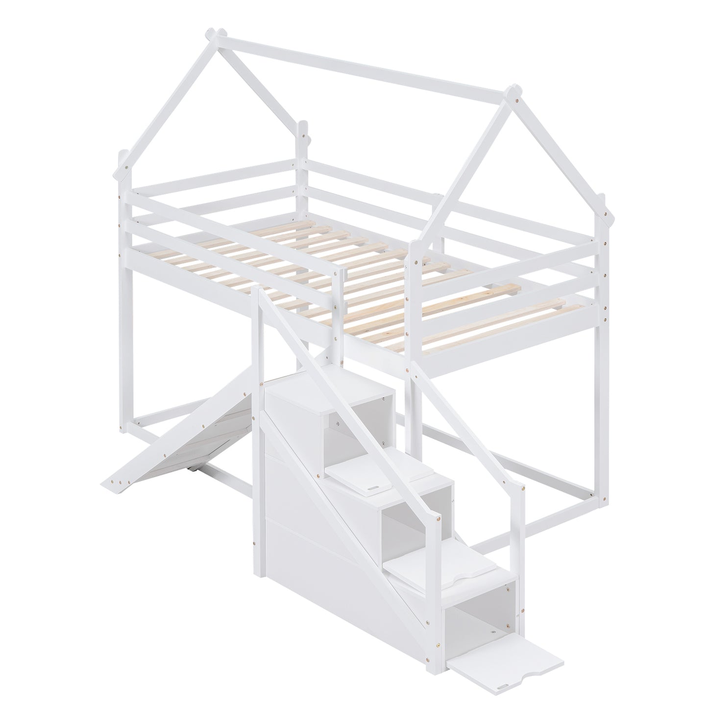 White Twin over Twin House Loft Bunk Bed with Slide, Staircase, Storage, and Play Area