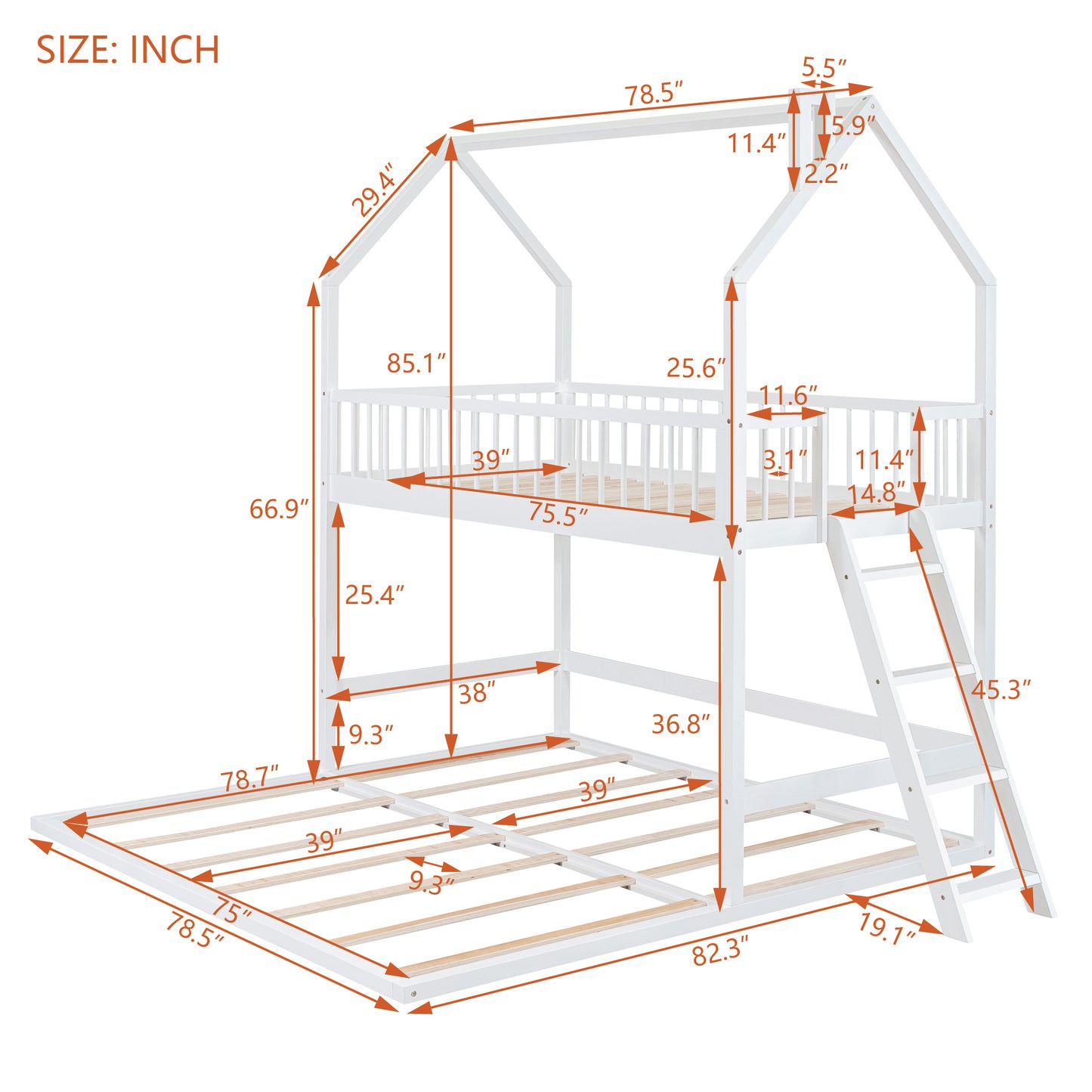 House-Shaped Twin Bunk Bed with Trundle, Ladder, and Twin Over Twin Size Sleep Space