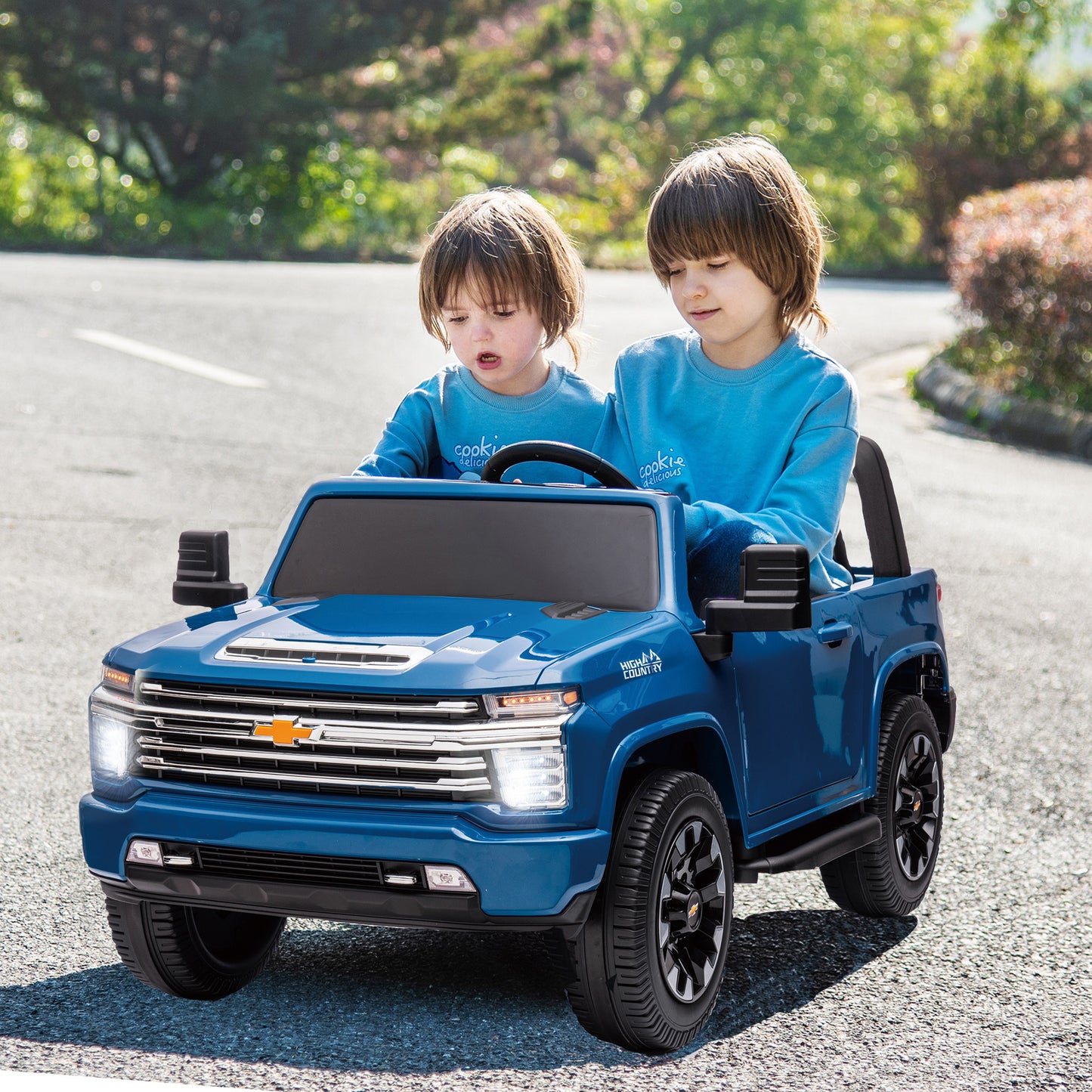 Blue, 24V 2 Seater Ride On Truck Car, Licensed Chevrolet Silverado HD Electric Car for Kids, 4WDmotors, with 2.4G Remote Control, Metal Suspension, Soft Start, FM/Bluetooth/Music, LED Light,Toys Gifts