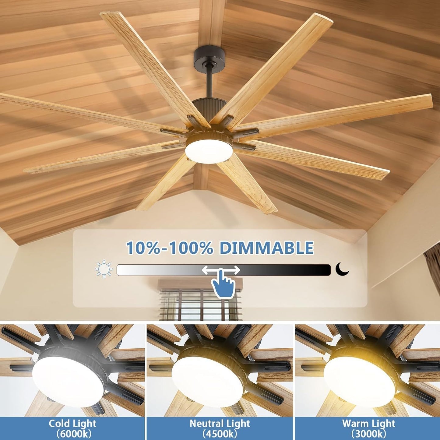 76-Inch Modern Ceiling Fan with Smart Control and Reversible Solid Wood Blades