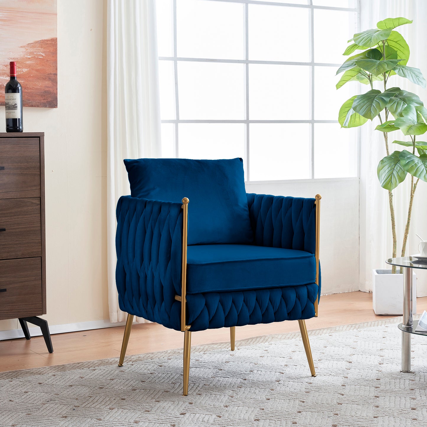 Modern Comfy Handmade Bucket Woven Velvet Accent Chair Arm Chair, Fluffy Tufted Upholstered Single Sofa Chair for Living Room, Bedroom, Office, Waiting Room  Blue Velvet