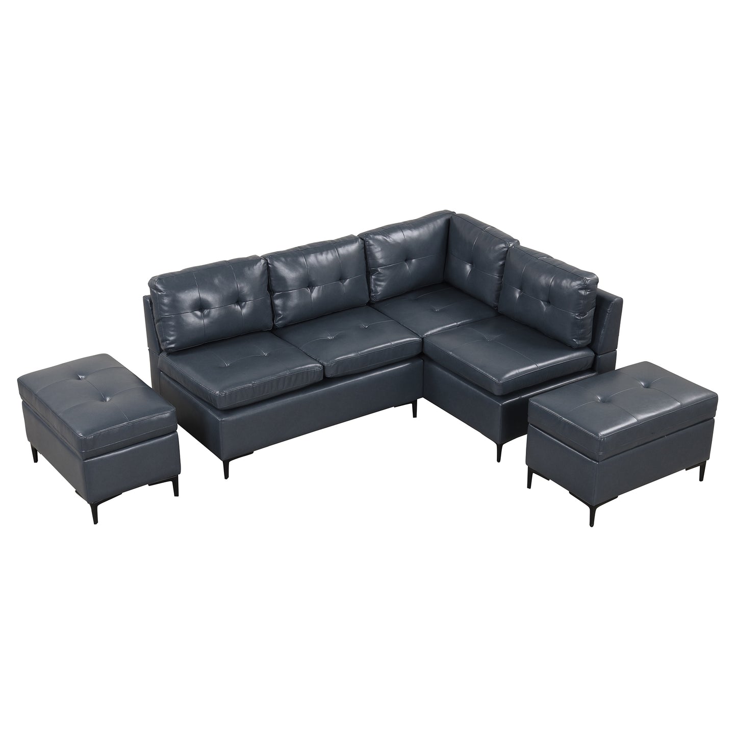 Blue L-Shaped Sectional Sofa Set with Movable Storage Ottomans