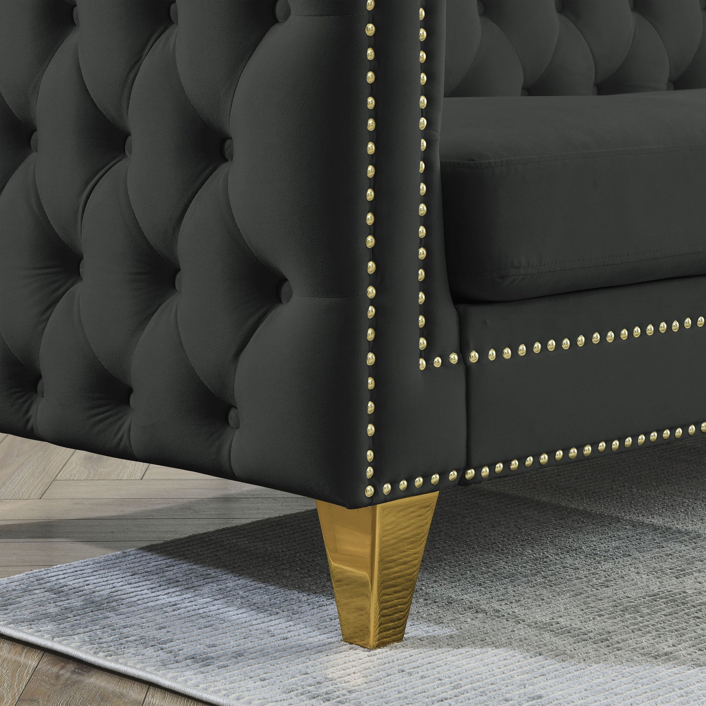 Velvet Sofa for Living Room,Buttons Tufted Square Arm Couch, Modern Couch Upholstered Button and Metal Legs, Sofa Couch for Bedroom, Black Velvet-2S