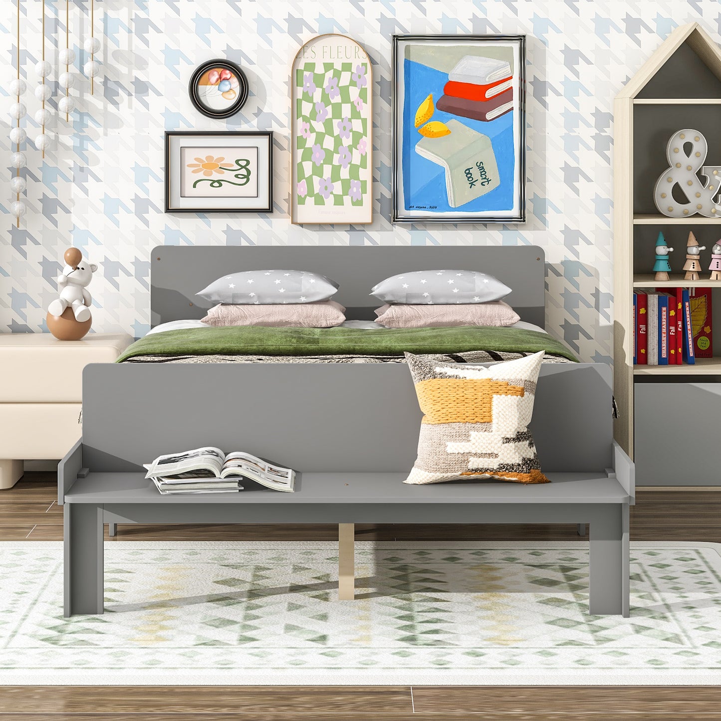 Full Bed with Footboard Bench,Grey