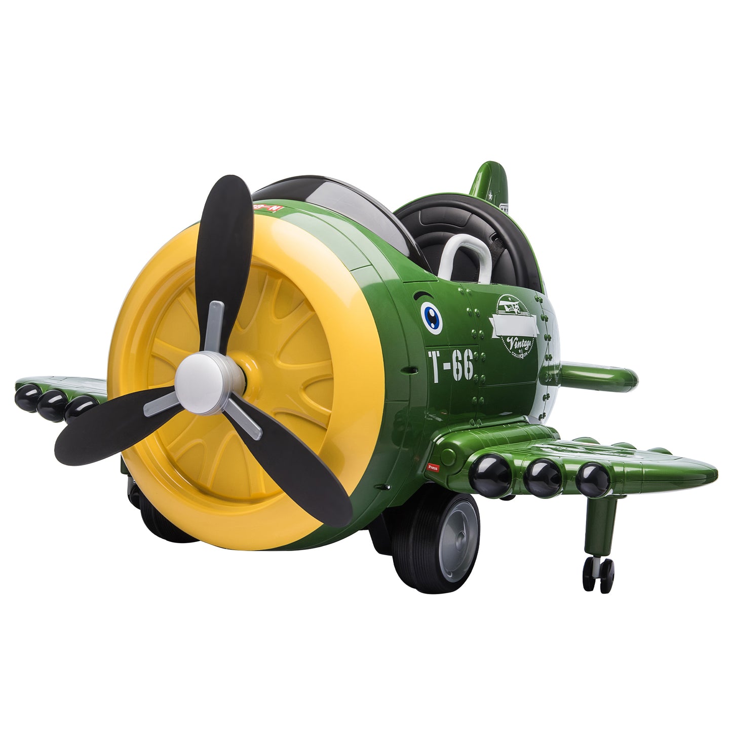 12V Electric Ride-On Toy Plane with 360-Degree Rotating Feature, USB, FM, and Remote Control for Kids 3 to 6, Army Green