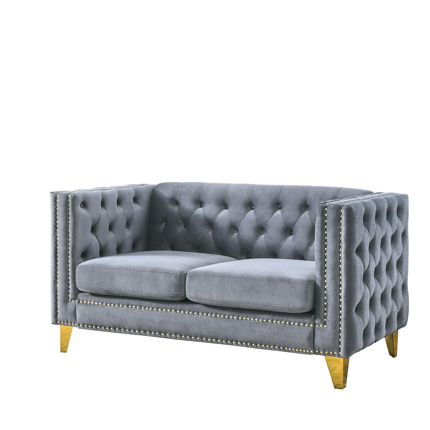 Velvet Sofa for Living Room,Buttons Tufted Square Arm Couch, Modern Couch Upholstered Button and Metal Legs, Sofa Couch for Bedroom, Grey Velvet-2S