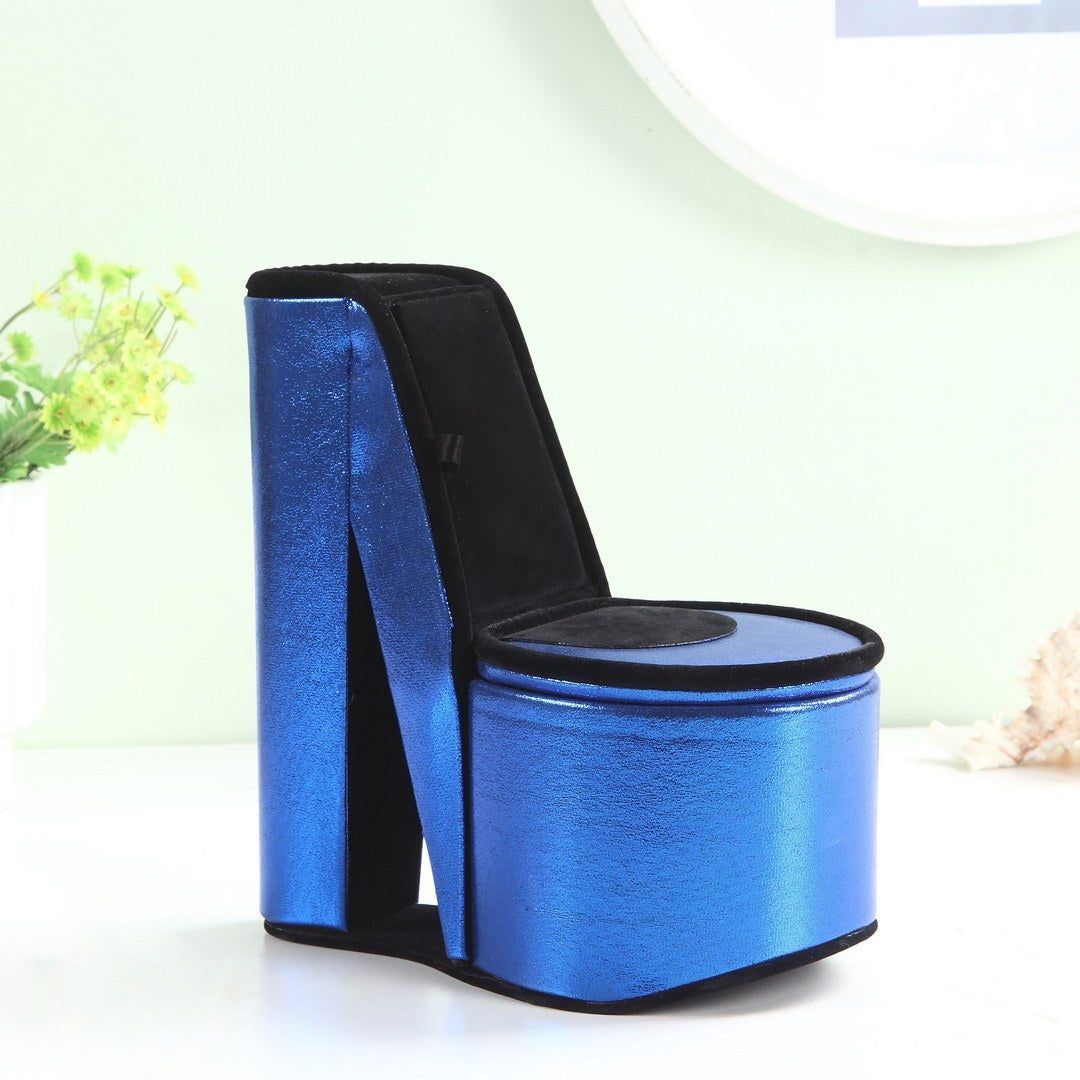 9" Tall Display Jewelry Box with Hidden Storage, High Heel Shoe Design, Blue Velvet