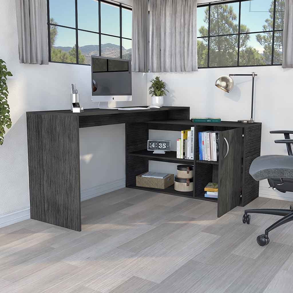 Sleek L-Shaped Desk with Ample Storage in Smokey Oak Color