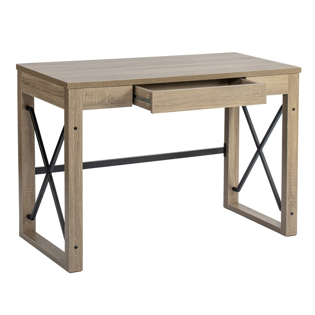 Sturdy Industrial Computer Desk with Drawer - Natural Wood Finish, 44.1 x 20.1 x 30.1