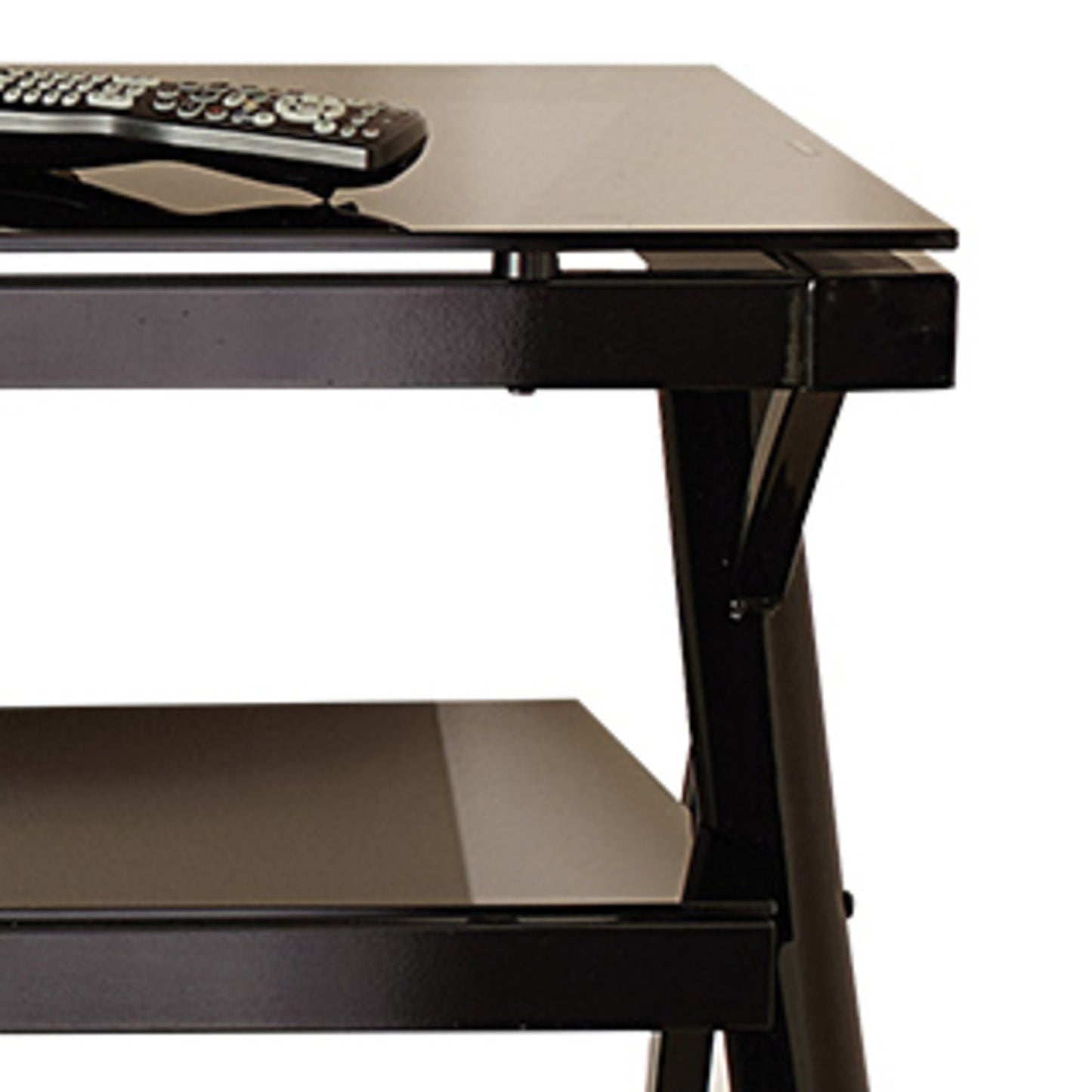 Sleek Modern TV Stand with Smart Cord Management - Black Finish, Smoked Glass Shelves, and Metal Legs