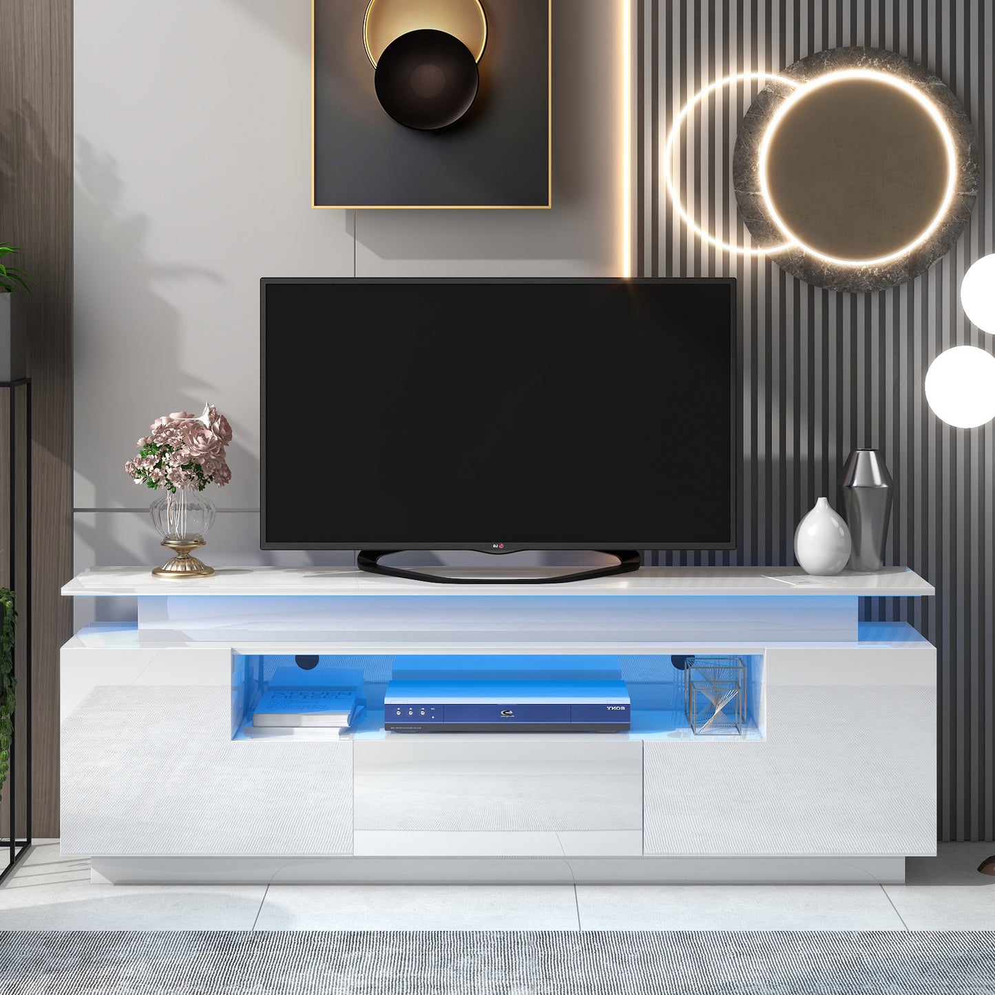 Sleek White LED TV Stand with Color Changing Lights & Ample Storage Space