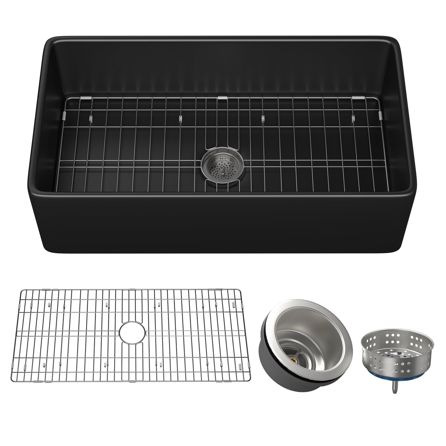 33 Black Fireclay Farmhouse Kitchen Sink with Bottom Grid and Drain