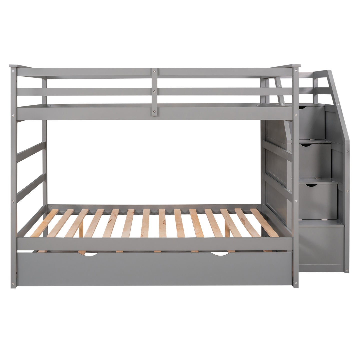 Gray Full Bunk Bed with Trundle and 3 Storage Stairs