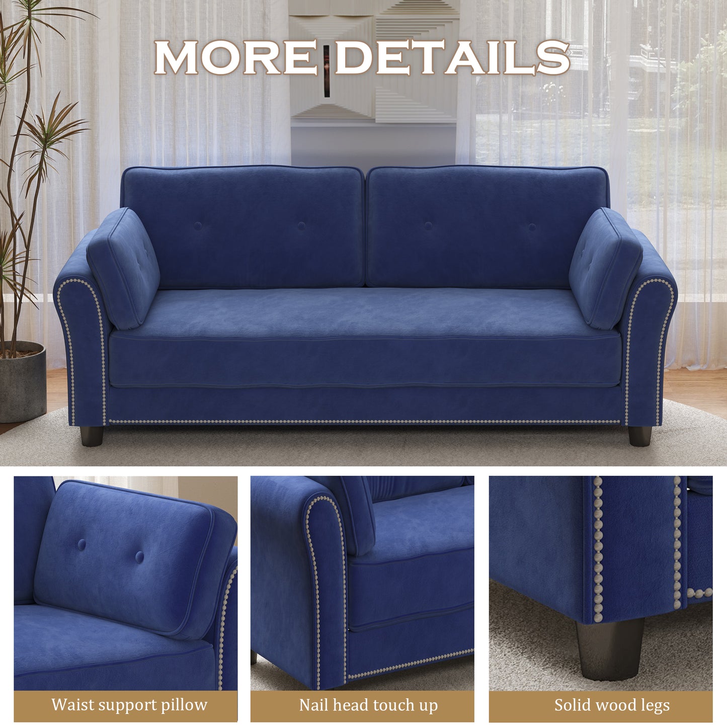 2067 Velvet Upholstered Sofa with Nail Head Trim and Button Back Design