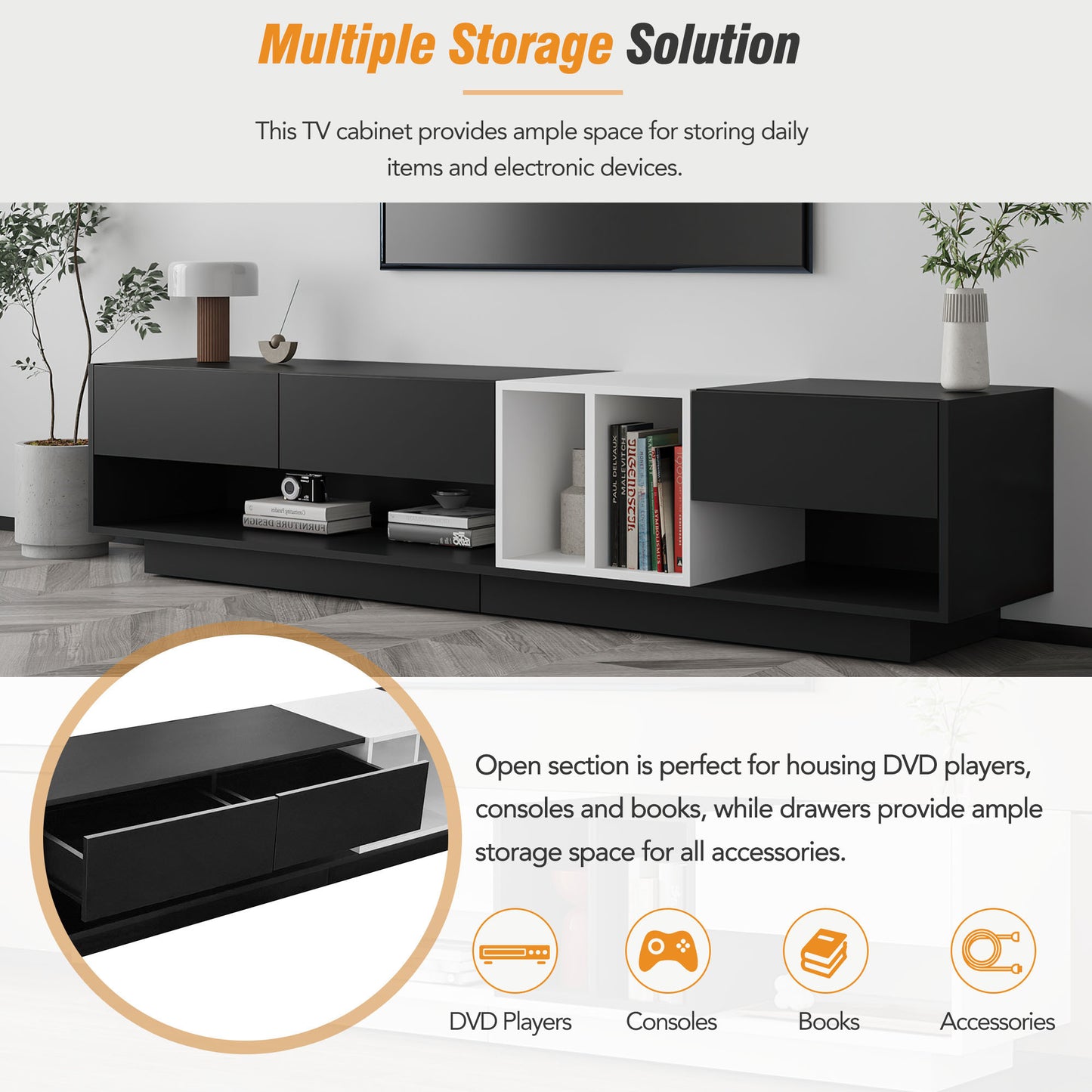 Sleek Two-Tone TV Stand with Spacious Storage for TVs Up to 80'', Black