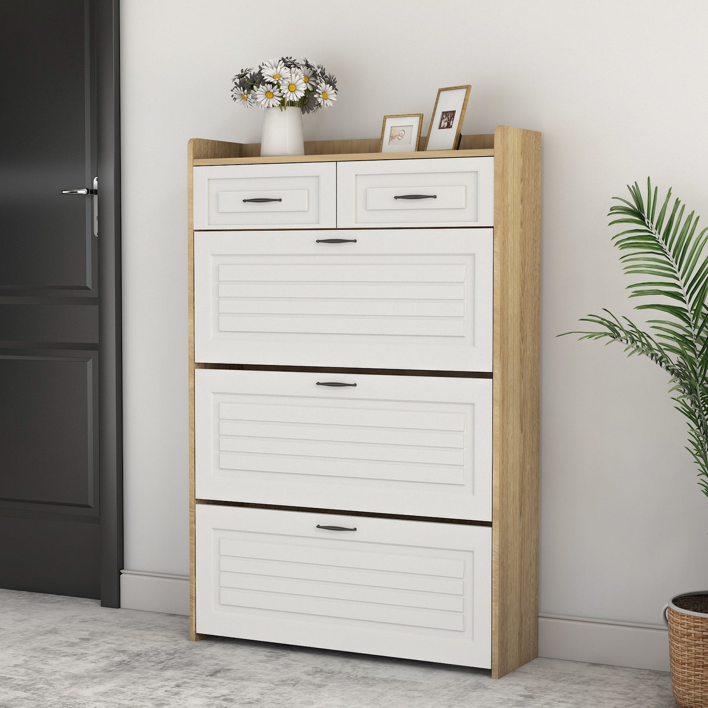 White +Oak Color shoe cabinet  with 3 doors 2 drawers,PVC door with shape ,large space for storage