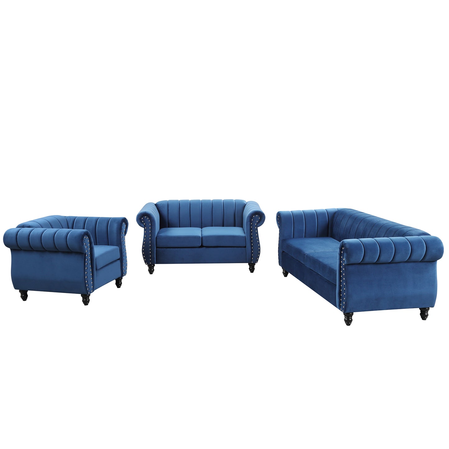 Modern three-piece sofa set with solid wood legs, buttoned tufted backrest, frosted velvet upholstered sofa set including three-seater sofa, double seater and living room furniture set Single chair