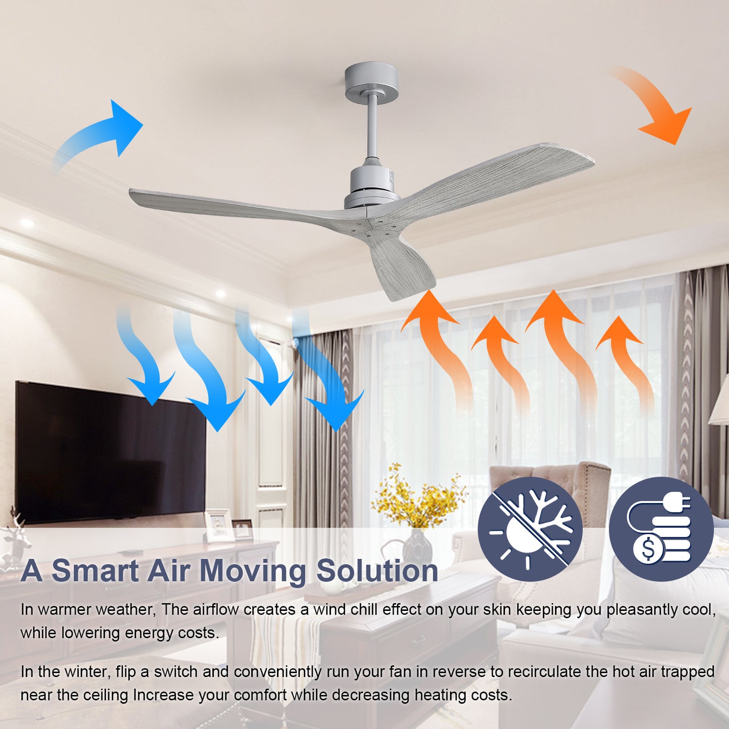 52 Modern Indoor Ceiling Fan with Remote Control & Reversible Blades