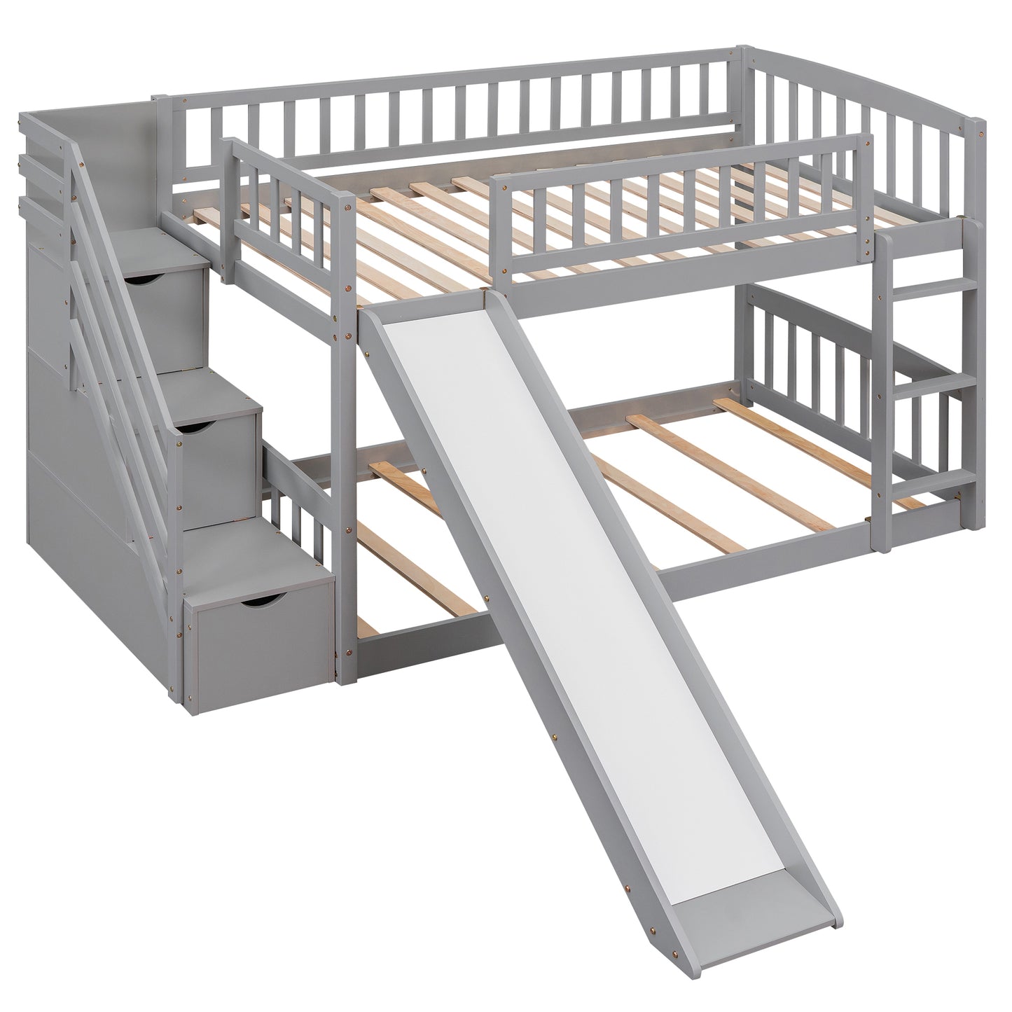 Stairway Twin Bunk Bed with Slide, Drawers, and Gray Finish