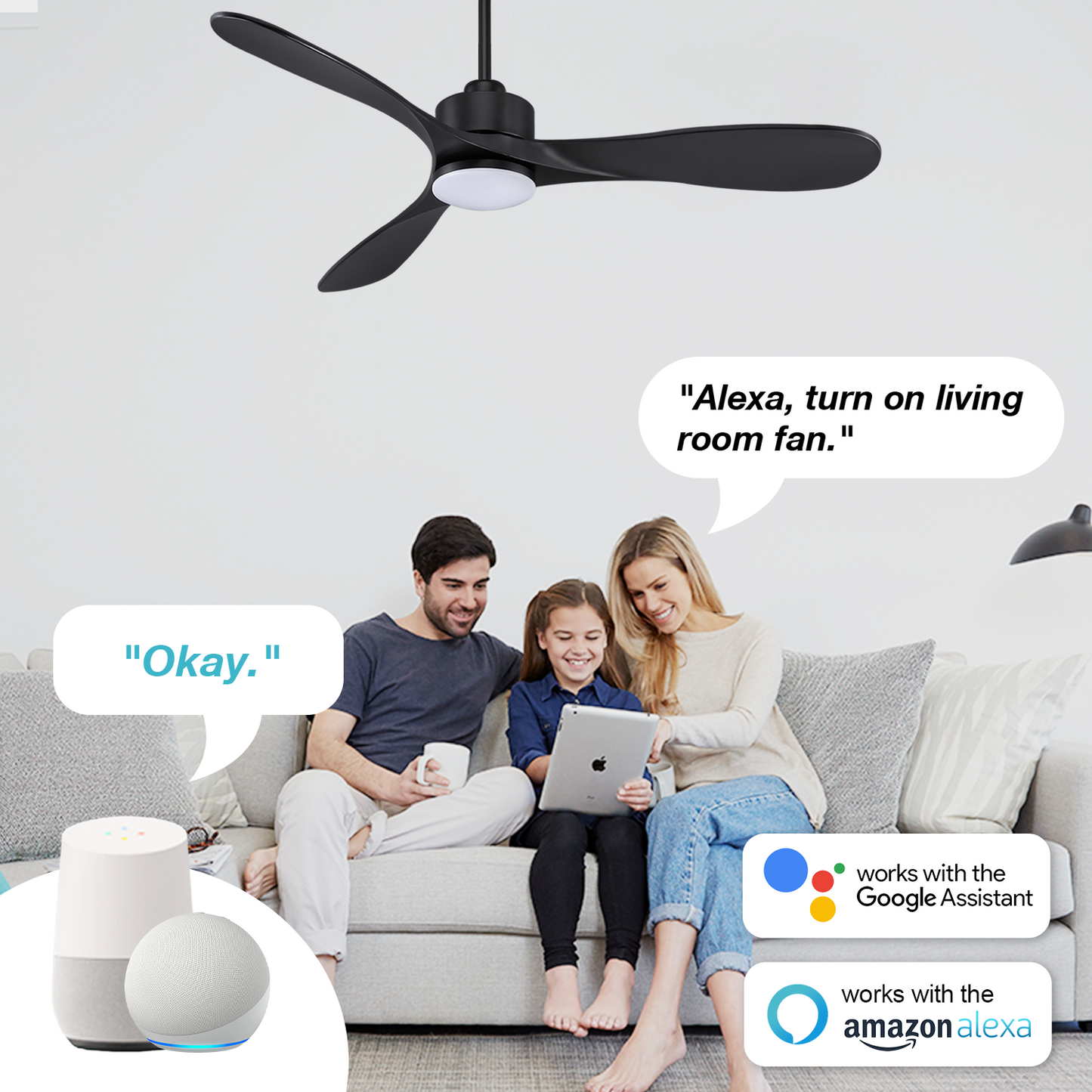 Intelligent 52-inch Black Ceiling Fan with Voice & APP Control