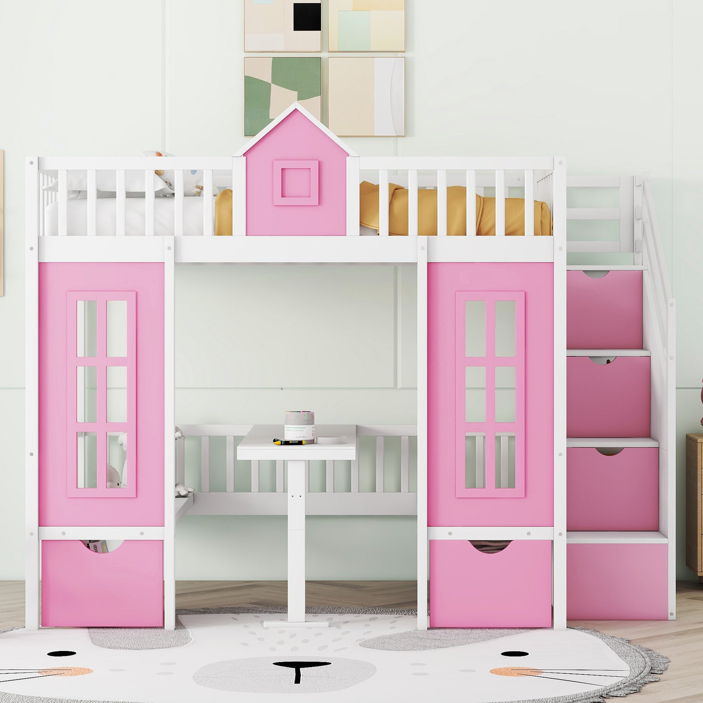 Pink Full-Over-Full Bunk Bed with Multi-Functional Table