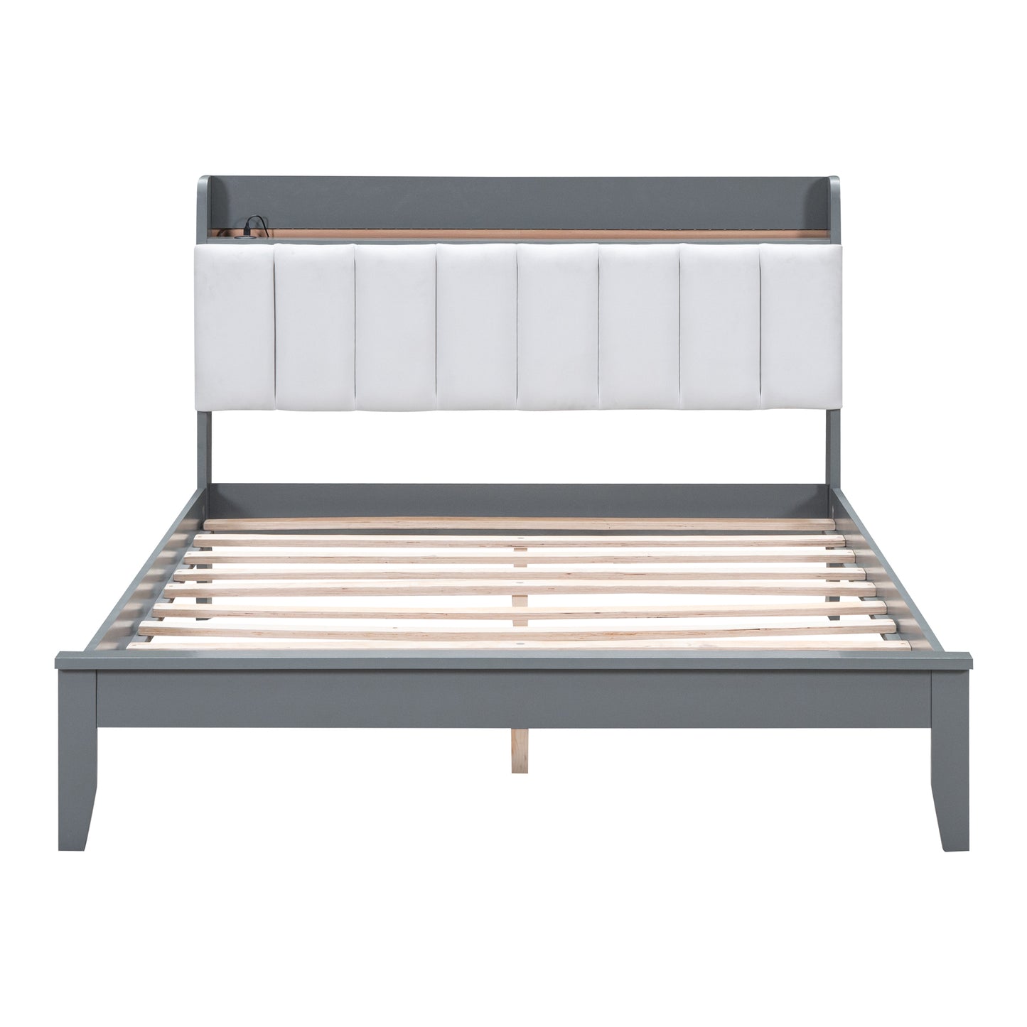 Full size Platform Bed with USB Charging Station and Storage Upholstered Headboard,LED Bed Frame,No Box Spring Needed,Gray+White