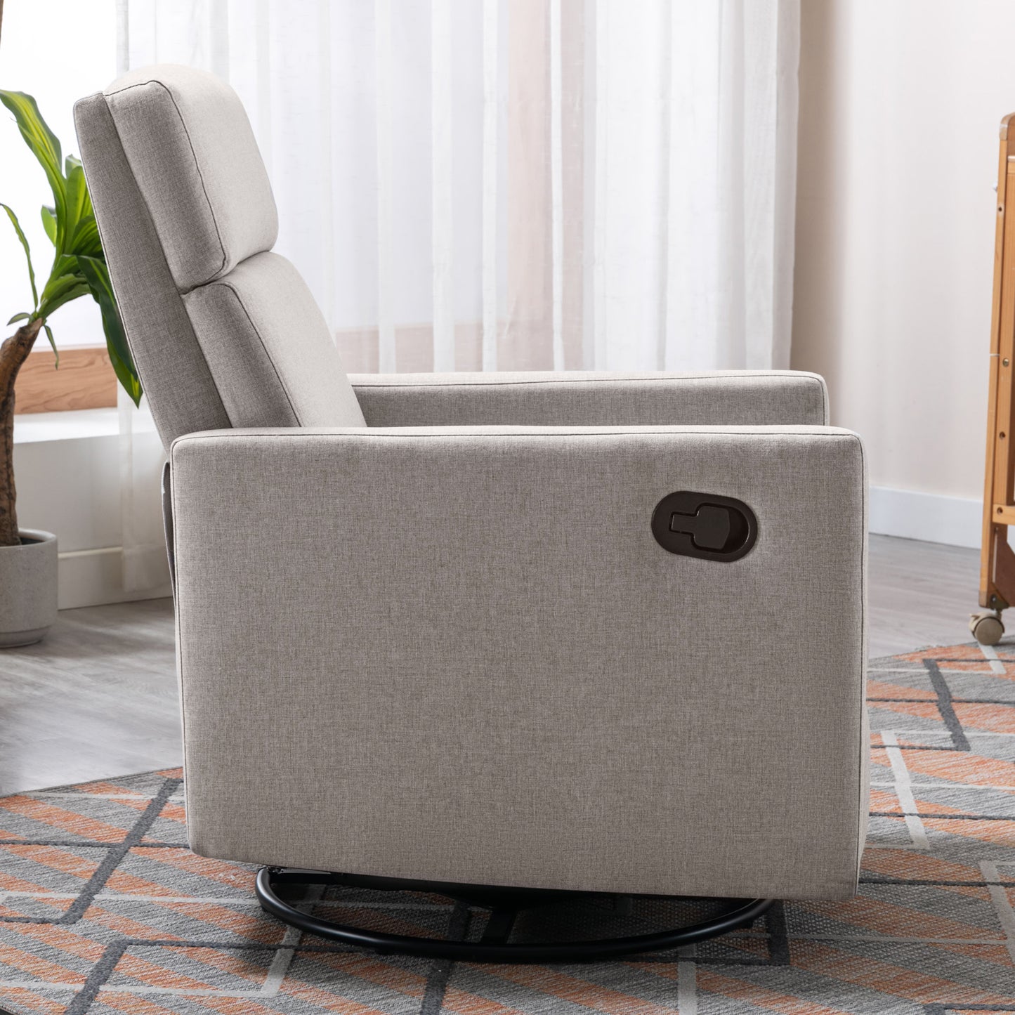 Modern Tan Upholstered Nursery Rocker Chair with Swivel Recliner