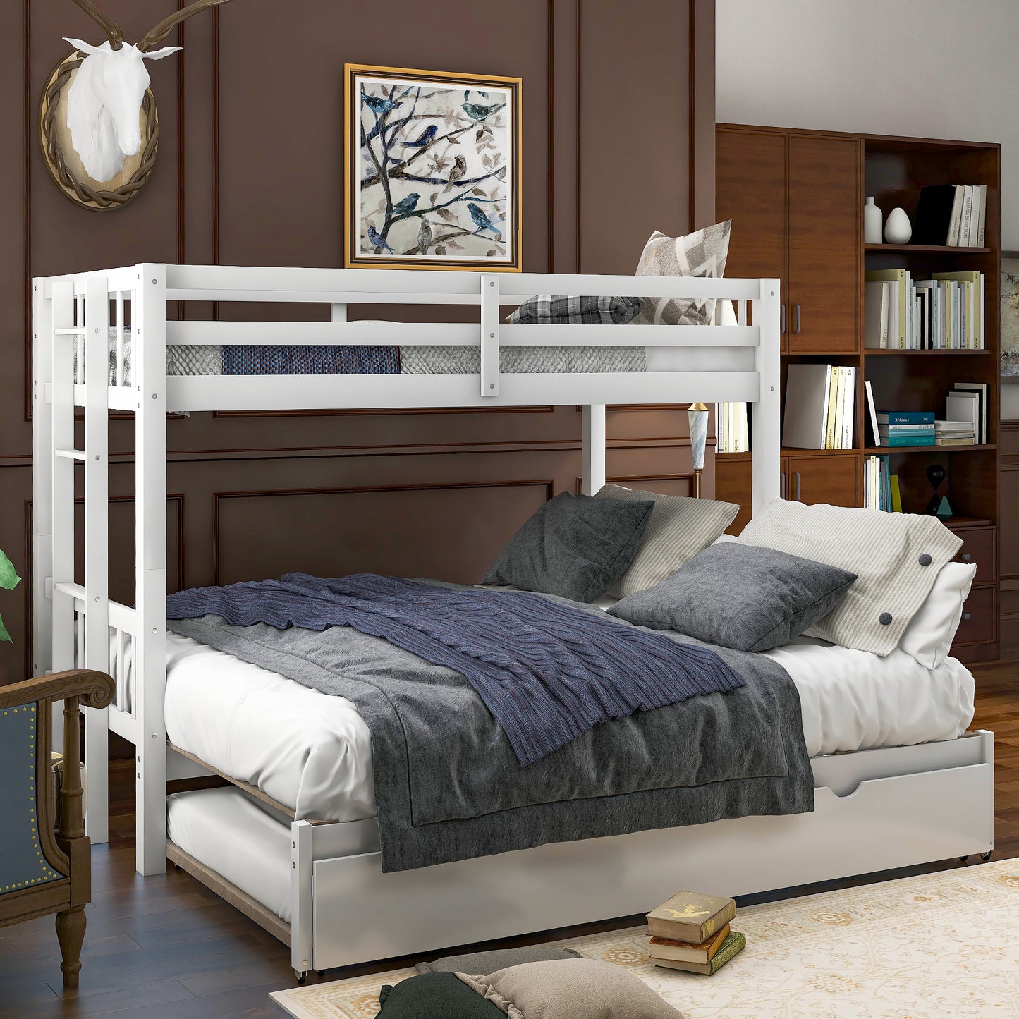 White Pull-out Bunk Bed with Trundle for Twin Over - Versatile Space-Saving Sleeping Solution