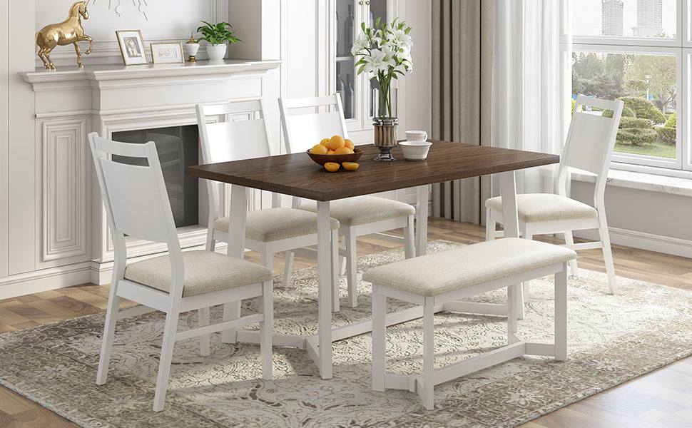 Farmhouse 6-Piece Wood Dining Table Set with 4 Upholstered Chairs and Bench, White