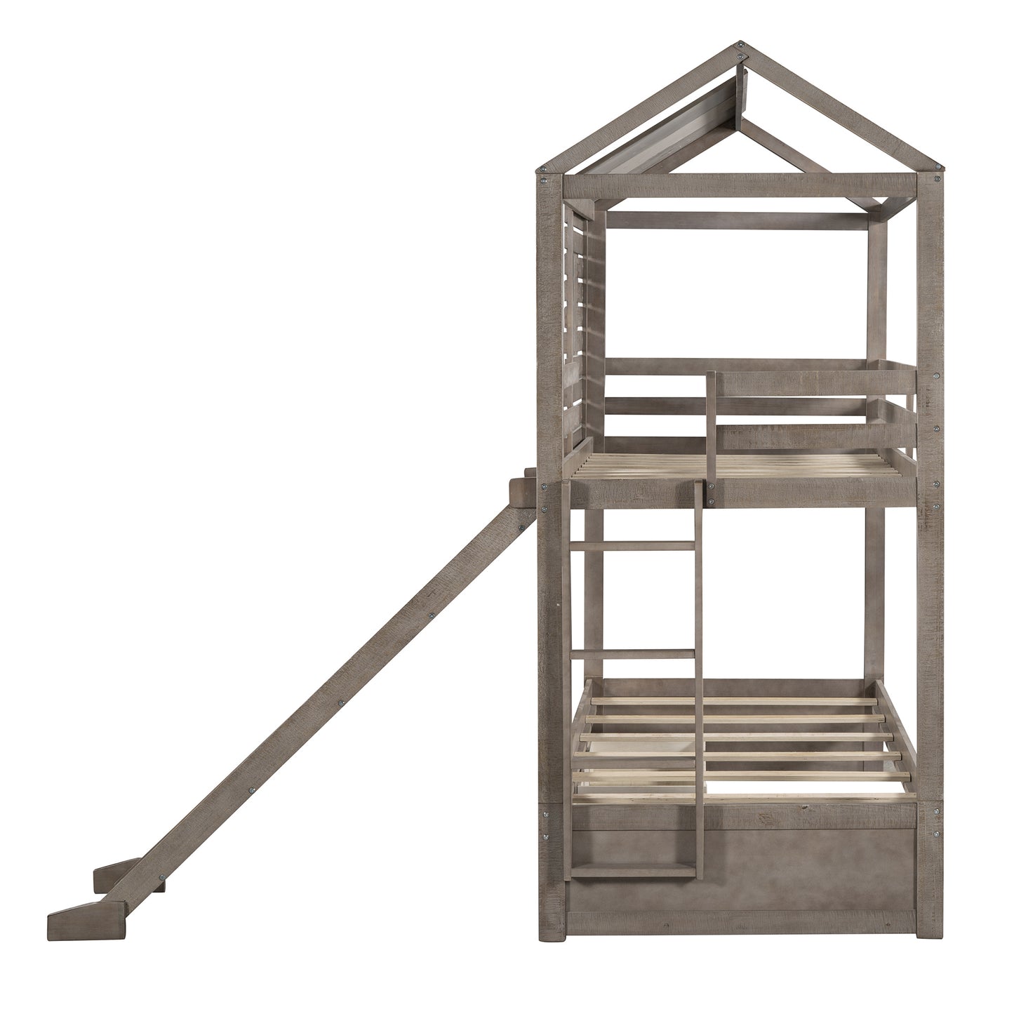 House-Shaped Twin Over Twin Bunk Bed with Slide, Storage Drawers, and Antique Gray Wood Finish