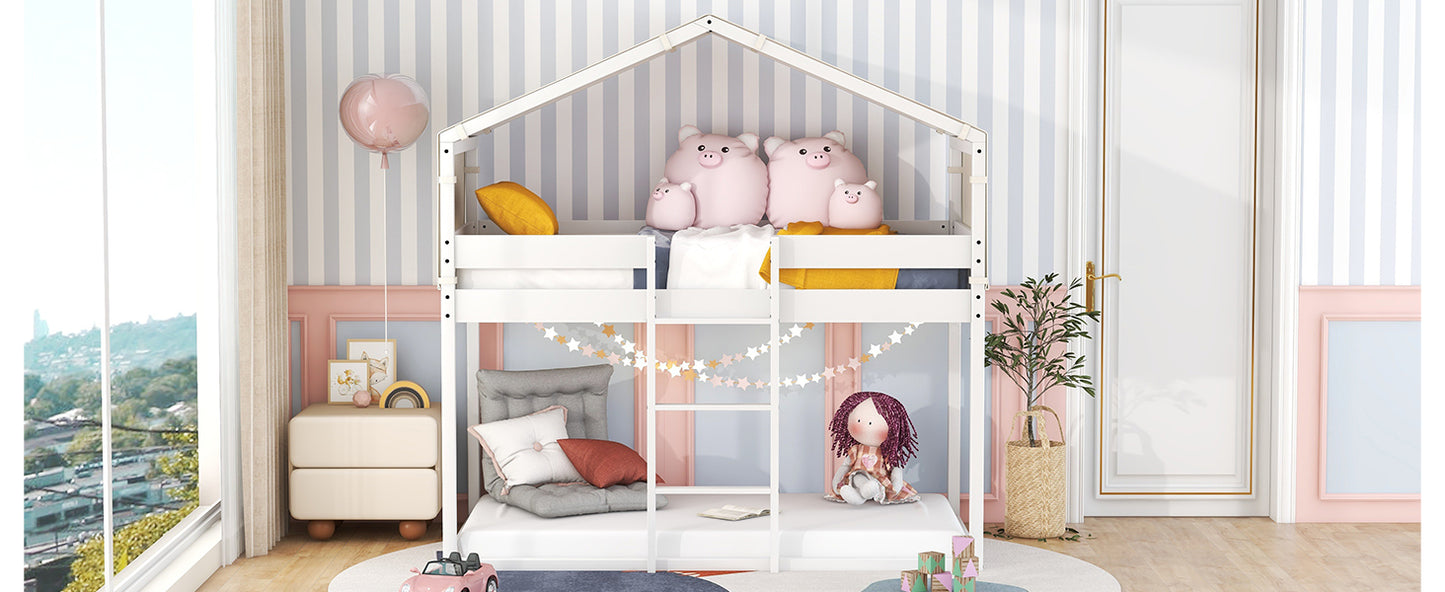 White House-Shaped Twin Over Twin Bunk Bed with Playhouse Tent