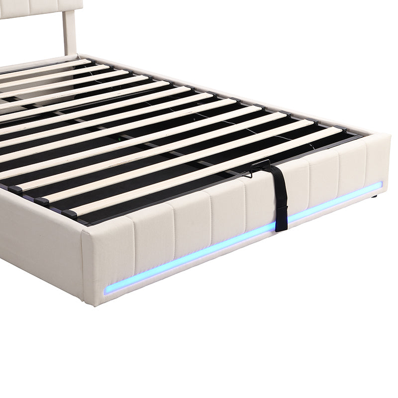 Queen Size Upholstered Platform Bed with Hydraulic Storage System, LED Light, and a set of USB Ports and Sockets, Linen Fabric, Beige