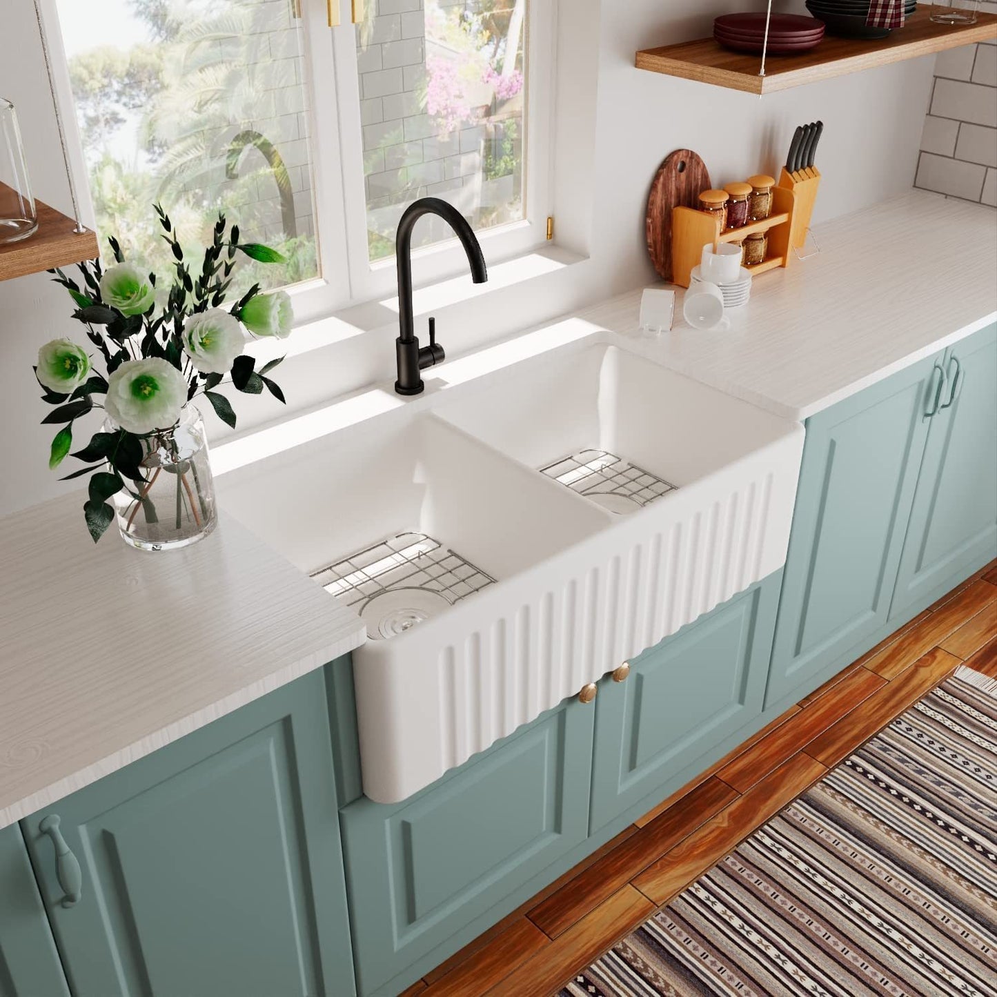 33-Inch Fireclay Double Basin Farmhouse Kitchen Sink with Grid and Strainer