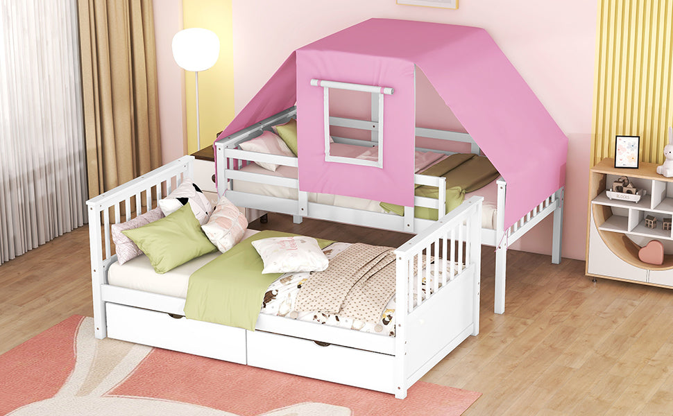 White and Pink Spacious Twin Bunk Bed with Playful Tent and Storage