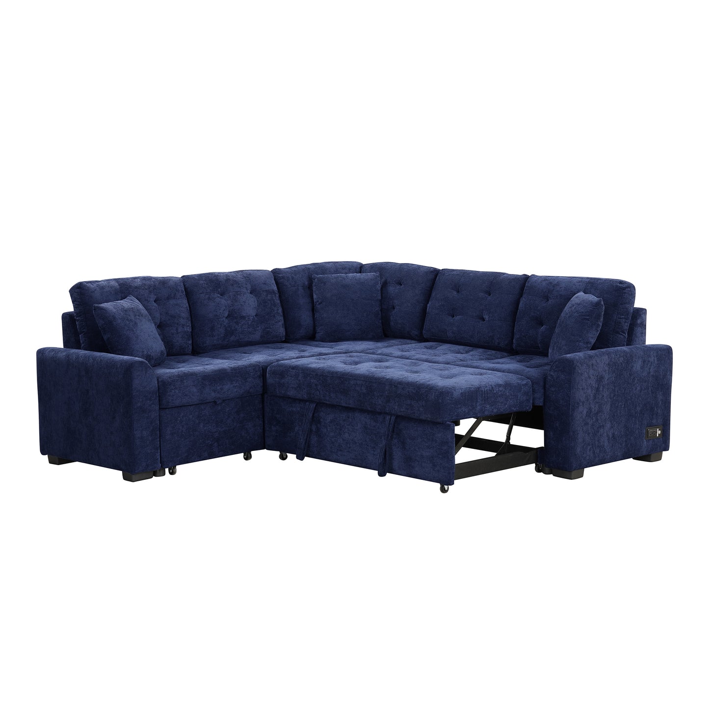 Convertible Navy Blue L-Shape Sleeper Sofa with USB Ports and Power Sockets