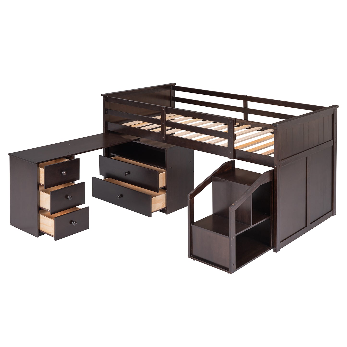 Loft Bed Low Study Twin Size Loft Bed With Storage Steps and Portable,Desk,Espresso(: LT000101AAP)